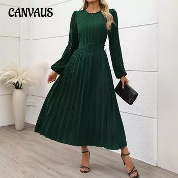 Temperament Женское Платье С Длинным Рукавом С Застежкой-Плиссе Круглый Вырез Высокая Талия Длинные Платья S мох зеленого