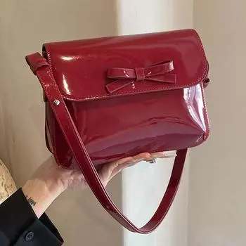 Темпераментная красная лакированная кожаная квадратная сумка женская новая универсальная сумка через плечо крутые женские блестящие сумки с бантом и клапаном тренд