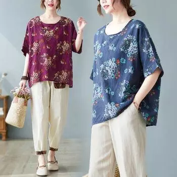 Темпераментная летняя женская футболка с круглым вырезом в стиле ретро, хлопковая конопляная футболка с коротким рукавом, модная минималистичная повседневная свободная футболка, топ M синий