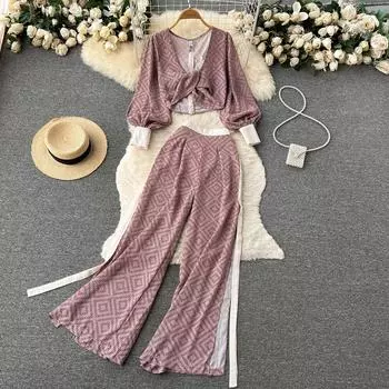 Темпераментная рубашка с v-образным вырезом и длинными рукавами с принтом, топ с высокой талией, свободные широкие длинные брюки, женский костюм из двух предметов