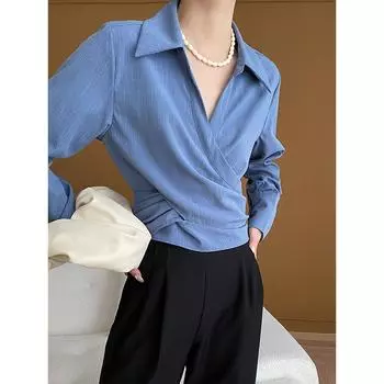 Темпераментная тонкая рубашка с перекрестной застежкой на талии и без железа для поездок на работу Ранняя весна S синий