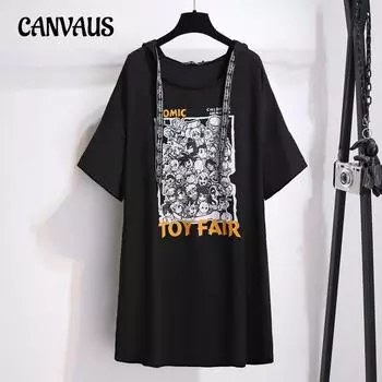 Темпераментная женская футболка больших размеров, платье-футболка средней длины с капюшоном, модное трендовое платье XL чёрный