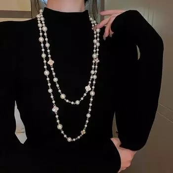 Темпераментное длинное ожерелье из красного жемчуга с сеткой, женское модное многослойное колье с полыми цветами, женское ожерелье с четырьмя листами клевера