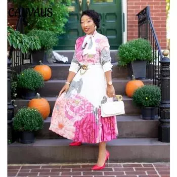 Темпераментное платье-миди с принтом, комплект платьев с длинными рукавами больших размеров, простые качественные платья без пояса S розовый