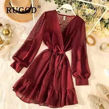 Темпераментное шикарное шифоновое платье, женская мода, платья с v-образным вырезом в горошек и высокой талией, сказочные платья One size коричневый