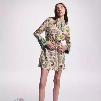 Темпераментное светское платье с лацканами, шнуровкой на талии, принтованное, льняное, праздничное, с длинными рукавами, женское S