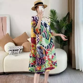 Темпераментное свободное платье в отпускном стиле с принтом для женщин, весна и осень, новая плиссированная юбка с круглым вырезом и рукавами четверти M синий