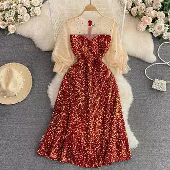 Темпераментное вечернее платье подружки невесты с тостами Вечернее платье с блестками Юбка Платье с круглым воротником на талии M синий