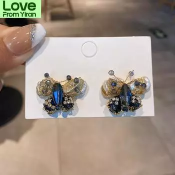 Темпераментные элегантные синие бабочки стразы серьги-гвоздики для женщин новый корейский стиль Brincos ювелирные изделия оптом