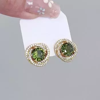 Темпераментные круглые оливково-зеленые циркониевые серьги-гвоздики с объемным дизайном для женщин и девочек, винтажные золотые элегантные ювелирные изделия оливковое зеленый/золотой