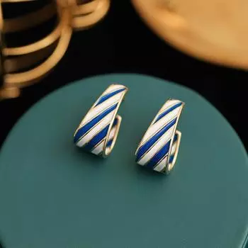 Темпераментные легкие роскошные синие и белые масляные серьги-подвески из французского металла с геометрическим дизайном 14k