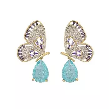 Темпераментные модные висячие серьги с бабочками и каплями воды для женщин, висячие серьги из замороженного кубического циркония, роскошные брендовые ювелирные изделия фиолетовый