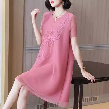 Темпераментные платья с короткими рукавами больших размеров, женские летние свободные плиссированные платья трапециевидной формы для женщин one size розовый