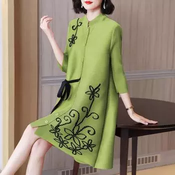 Темпераментные платья с принтом больших размеров, женские весенне-летние свободные плиссированные платья трапециевидной формы для женщин one size хаки