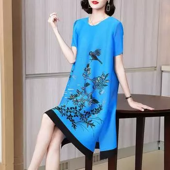 Темпераментные платья с принтом больших размеров, женские летние свободные тонкие плиссированные платья трапециевидной формы для женщин M синий
