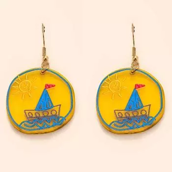 Темпераментные, простые, милые и веселые, акриловые серьги с ручной росписью, серьги, круглые серьги для кораблей. жёлтый