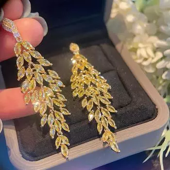Темпераментные серьги-гвоздики с желтым драгоценным камнем, длинные серьги с бахромой из листьев, модные серьги для званого ужина, серьги белый