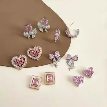 Темпераментные серьги-сердечки с розовым цирконом, нишевая мода, серьги с милыми бантиками, персонализированные и высококачественные серьги