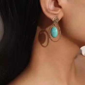 Темпераментные серьги в стиле ретро в национальном стиле, простая имитация бирюзы, геометрический кулон, золотой комплект, серьги с сапфиром 4*2.5CM синий