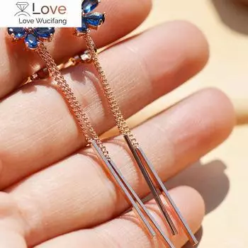 Темпераментные синие кристаллы со стразами и цветами, длинные цепочки, кисточки, серьги-клипсы, модные аксессуары для вечеринок для женщин