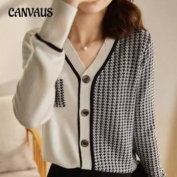 Темпераментные топы, французская винтажная куртка, весенне-осенний вязаный кардиган, асимметричный свитер в клетку с v-образным вырезом в клетку чиби One Size чёрный