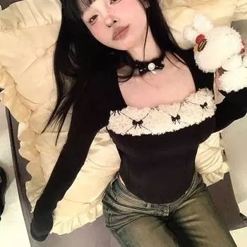 Темпераментные женские футболки с тонкой талией, вязаные футболки, укороченные топы, модные винтажные кружевные туники с оборками, сексуальная футболка S абрикосовый