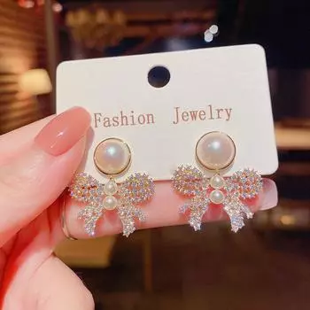 Темпераментные женские серьги с цирконием и бантом, висячие женские серьги с жемчугом, изысканные щедрые украшения для ушей золотой