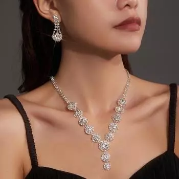 Темпераментный блестящий комплект из двух серег и ожерелья со стразами, комплект свадебных украшений, аксессуары для свадебного платья