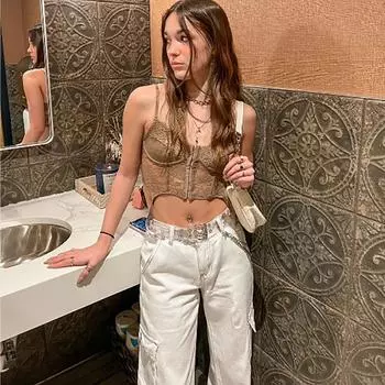 Темпераментный коммутирующий пикантный топ на бретелях для девочек, красивая кружевная короткая майка с перекрестными бретелями на спине S оранжевый