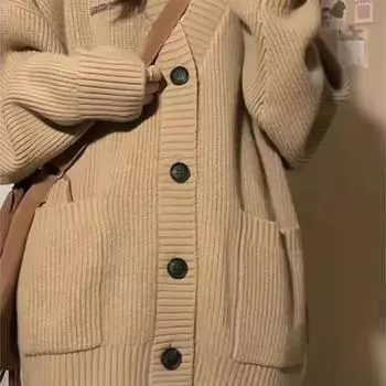 Темпераментный однотонный кардиган женский осенний вязаный топ с V-образным вырезом и карманами с длинными рукавами универсальный повседневный женский свитер S темные хаки