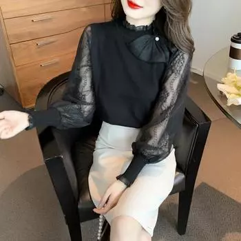 Темпераментный прядильный кружевной свитер с рукавами-фонариками, вязаный свитер с воротником-стойкой, топ с рюшами, женский трикотаж с длинными рукавами M чёрный