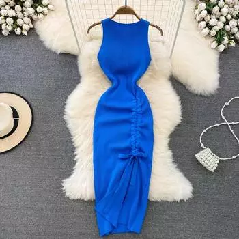 Темпераментный сарафан в стиле ретро, тонкая складная талия с тонкой талией и длинной нижней сумкой, вязаное платье на бедрах