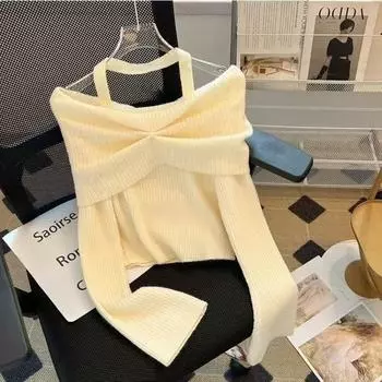 Темпераментный свитер с открытыми плечами, вязаный свитер, женский осенне-зимний новый, с открытыми плечами, облегающий и тонкий свитер с коротким воротником, модный XS