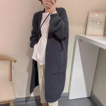 Темпераментный универсальный длинный рукав в ленивом стиле, удобный грубый свитер, свитер выше колена, осенний кардиган средней длины с большим карманом, женская одежда серый