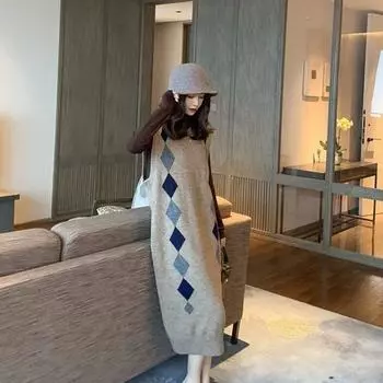 Темпераментный вязаный длинный свитер, жилет, юбка для женщин в осенне-зимнем корейском стиле, уменьшающее возраст, утягивающее платье, весенний новый стиль One Size серый