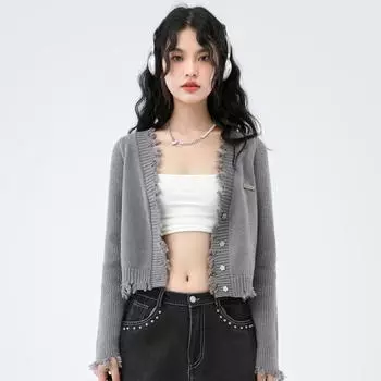 Темпераментный вязаный кардиган с коротким топом, свободное вязаное пальто, весна-осень 2023, женский кардиган с длинными рукавами и v-образным вырезом One Size серый