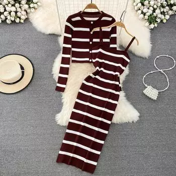 Темпераментный вязаный кардиган в стиле ретро с длинными рукавами, круглым воротником и пуговицами, полосатый вязаный жакет + повседневное платье с поясом, комплект из двух предметов