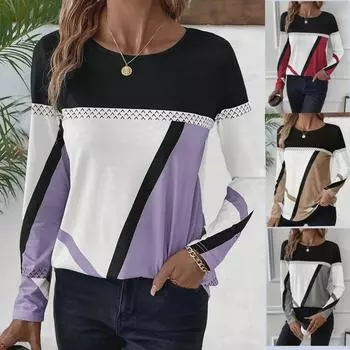 TEMU 2024 Весна/Лето Женский Геометрический Принт Длинный Рукав Повседневный Топ Large фиолетовый