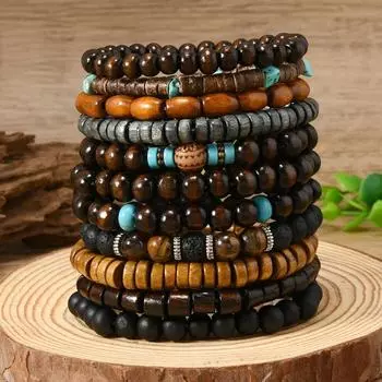 TEMU new 10-piece set of coconut shell wood beads beaded elastic line men s bracelet bracelet bracelet разноцветный