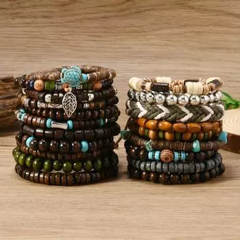 TEMU новый набор из 20 штук бусин из дерева кокосовой скорлупы на эластичной леске, мужской браслет-браслет разноцветный