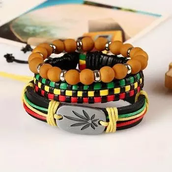 TEMU s new wooden bead beaded red yellow green DIY4-piece set men s bracelet bracelet разноцветный