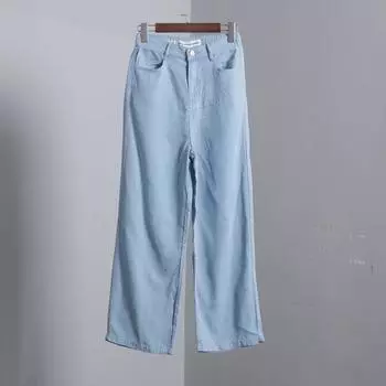 Tencel Light Blue Back Elastic Waistband Slimming Straight Jeans Light blue M