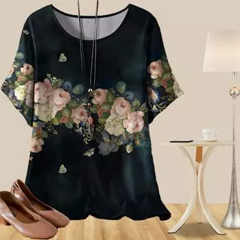 Тенденции женской моды Повседневная свободная весенняя рубашка Женская рубашка с коротким рукавом, масляная живопись, растения, розы, напечатанные топы XS синий