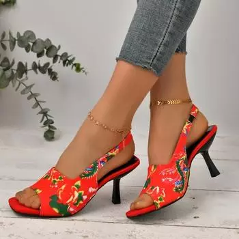Тенденция 2024, новинка весны, женские босоножки на каблуке с цветочным узором, пикантные модельные женские летние туфли на высоком каблуке, женская обувь 37 красный