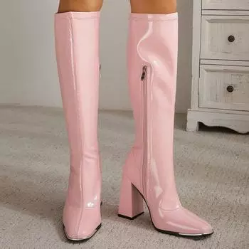 Тенденция Comemore, женские высокие сапоги до колена, кожаные сапоги до колена, женские туфли на среднем каблуке, белые, розовые вечерние черные ботинки, женская обувь, осень-зима 37