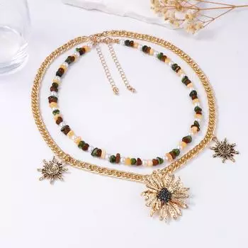 Тенденция личности Ретро сплав Подвеска подсолнух Двухслойное ожерелье Повседневное Цветное бисерное Женские аксессуары