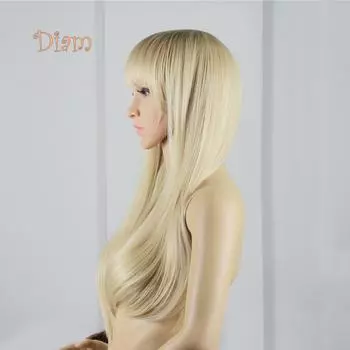 Tenfyer Modern Lady Золотой Тон Аккуратная Челка Длинный Прямой Полный Парик Косплей Клубный Шиньон