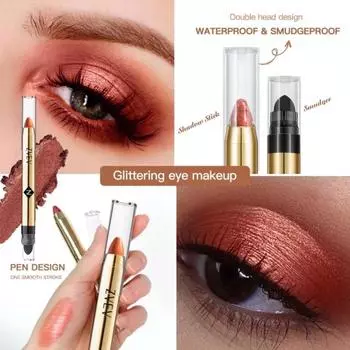 Тени для век и растушевка 2 в 1. Хайлайтер и матовый водостойкий жидкий блеск для век. Длительная водостойкая фиксация. Двусторонняя ручка для теней для век. 01#