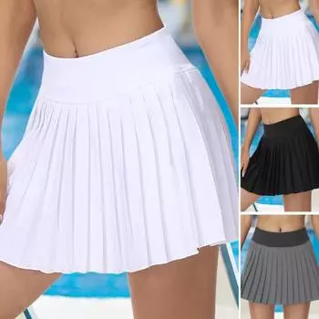 Теннисная юбка с внутренним карманом и эластичным поясом, однотонная быстросохнущая женская плиссированная мини-юбка с высокой талией, спортивная одежда L чёрный