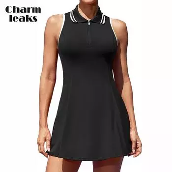 Теннисное платье Charmleaks Теннисные платья для гольфа со встроенными шортами и карманами Спортивные платья на молнии с воротником-поло XS чёрный